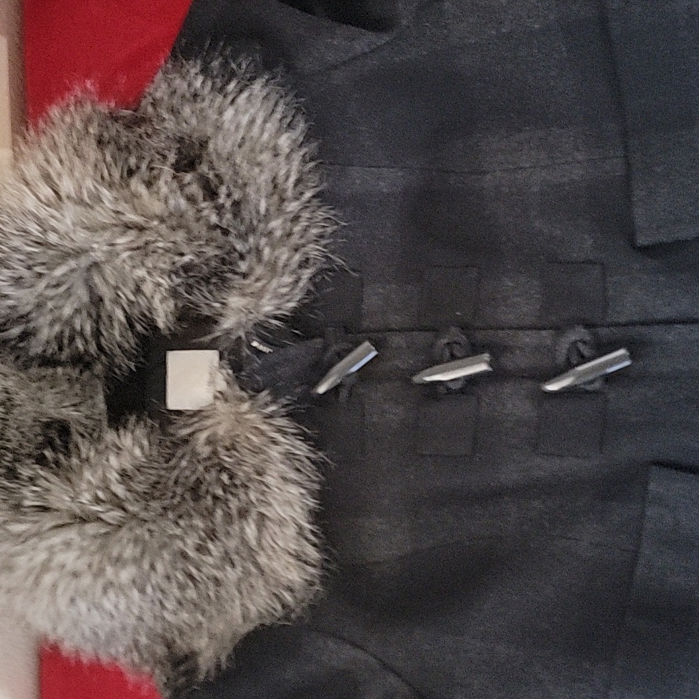 Halogen Wool Blend Faux Fur Black Gray Plaid Toggle Jacket size S - Picture 2 of 13